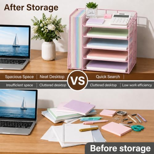 OPNICE Desk Organizer, 5-Tier Paper Organizer Letter Tray, Pink