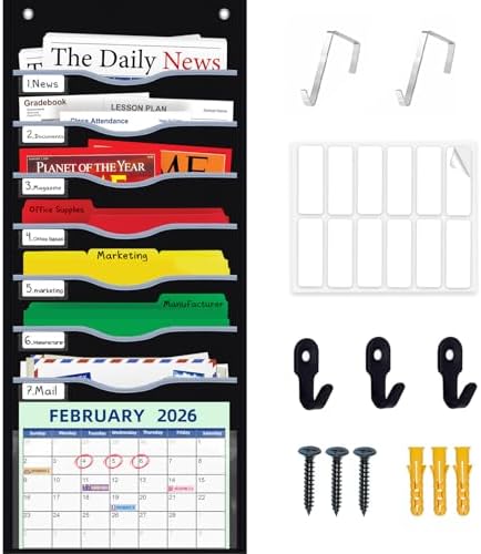 ALSLEA Hanging File Organizer 8 Pockets 15¾”W Legal/ Letter Size Paper Organizer, Pocket Chart for Classroom , Mail Organizer Wall Mounted, Over the Door Organizer with 12 Nameplate, 5 Hooks (Black)
