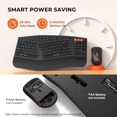 MEETION Ergonomic Split Keyboard and Mouse Combo, Bluetooth Wireless