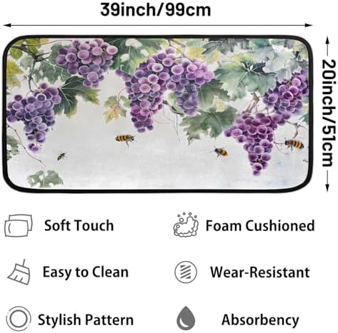 Kitchen Mats, Watercolor Bee Grapes Kitchen Rugs, Cushioned Anti Fatigue Kitchen Mats, Non-Slip Standing Desk Mat, Absorbent Kitchen Rug for Floor, Kitchen, Office, Sink, 20"×39"