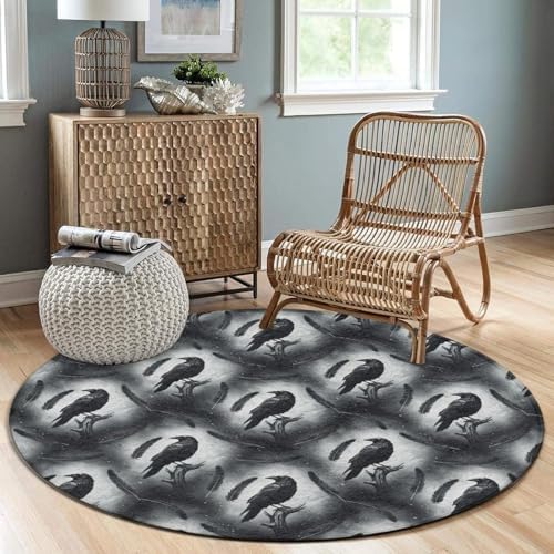 Large Round Area Rug Home Decor Modern Bathroom Rug Kitchen Office Circle Rug for Living Room Sofa Circle Cute Mat Black Crow Raven