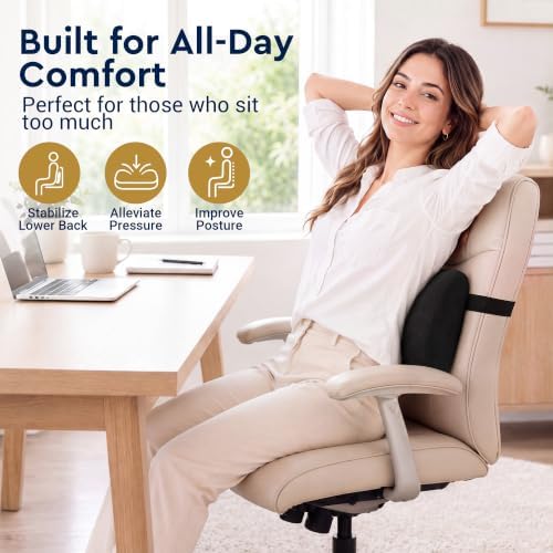 Lumbar Support Pillow for Office Chair, Lower Back Pillow with Strap, Black