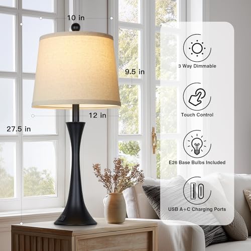 Rinweey 27.5" Table Lamps Set of 2, Touch Bedside Lamps with USB C+A Ports, 3 Way Dimmable Nightstand Lamps for Bedroom, Living Room, Office, Black Lamp with Beige Lampshade, Bulbs Included