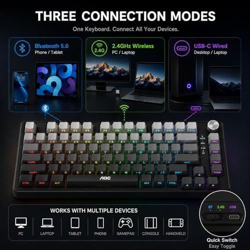 AOC GK330 75% Wireless Mechanical Gaming Keyboard, Hot-Swappable 3-Mode RGB