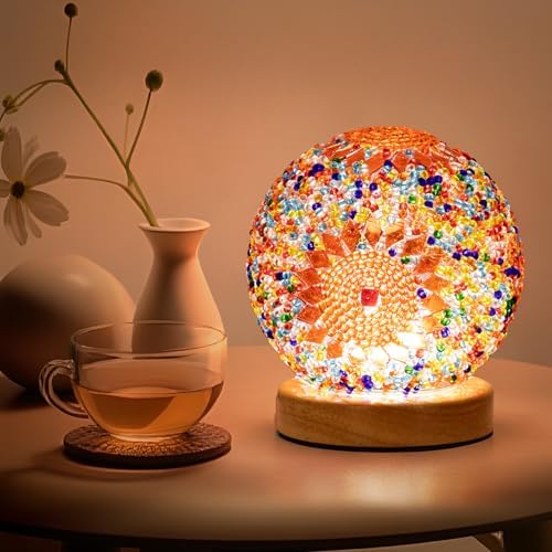 Turkish Mosaic Lamp, 3 Color Temperature Tiffany Bedside Lamp with USB Power, Moroccan Glass Lantern Table Lamp for Living Room Decor, Simple Control (D:4.7" x H:5.2") (Orange1)