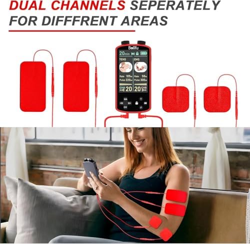 TENS EMS Unit Muscle Stimulator for Pain Relief Therapy - 4 in 1 TENS EMS Relax Custom Frequency+Pulse - Muscle Massager 36 Modes 20 Intensity, Memory & Favorites Function, 3.8" Color Display - Red