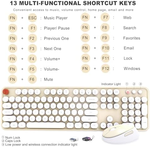 Wireless Keyboard and Mouse Combo, Ergonomic Full Size Typewriter Retro Round Keycaps Keyboard, Compatible with Windows, PC, Perfer for Home and Office Keyboards (Beige