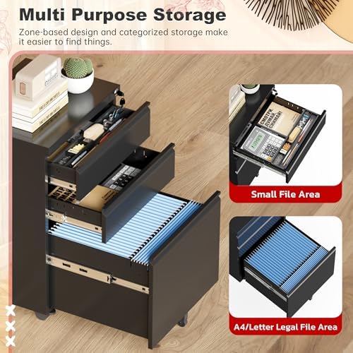 Superday Black File Cabinet 3 Drawer, Fully Assemble Metal Rolling Vertical Filing Cabinet with Wheels, Small Under Desk File Cabinets for Home Office