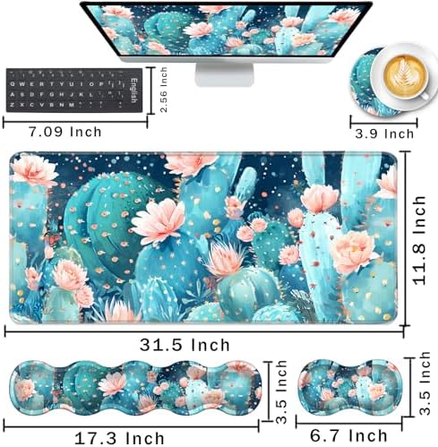Keyboard Wrist Rest and Mouse Pad with Wrist Support Set Ergonomic Coaster,Memory Foam,Easy Typing Pain Relief,Large XL Desk Mat 31.5"x 11.8",Cute Cactus
