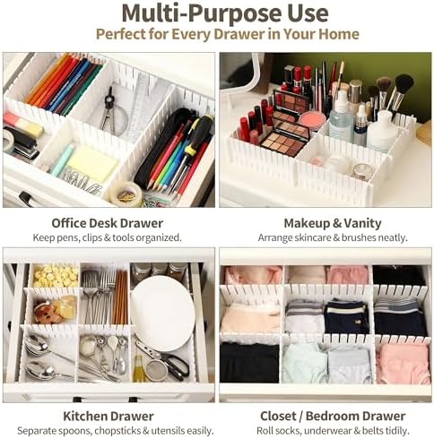 Drawer Divider Adjustable Diy Storage Organizer Separator for Tidying Clutter Cutlery Makeup Clothes of Dresses, Desk & Box in Kitchen Bathroom Bedroom Office (Cut at Will) (White 32PCS)