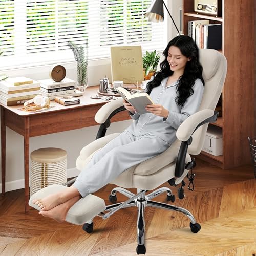 500LBS Massage Office Chair, Reclining 6 Points Vibration and Heat Desk Chair with Foot Rest, Ergonomic Executive Office Chairs, Comfy Wider & Thicker Seat, Big and Tall Gaming Chair, Fabric Beige