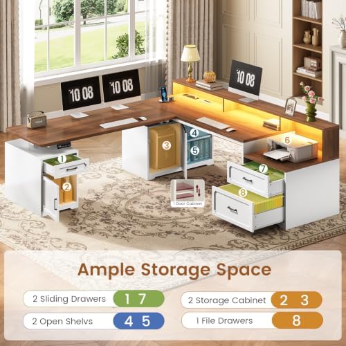 SEDETA Farmhouse L Shaped Standing Electric Desk with Storage, White