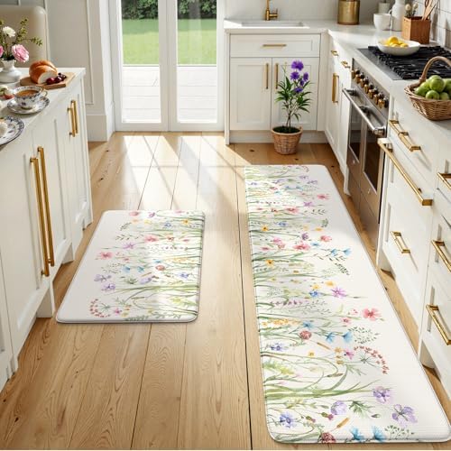 KIMODE Anti Fatigue Kitchen Mats for Floor,White Floral Kitchen Runner Rug