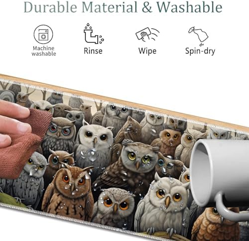 4 in 1 Mouse Pad Combo, Large Gaming Mouse Pad + Keyboard Wrist Support + Mouse Wrist Rest + Coaster, Table Pad 31.5 "x 11.8" with Memory Foam Ergonomic Wrist Pad Set, Many Owl