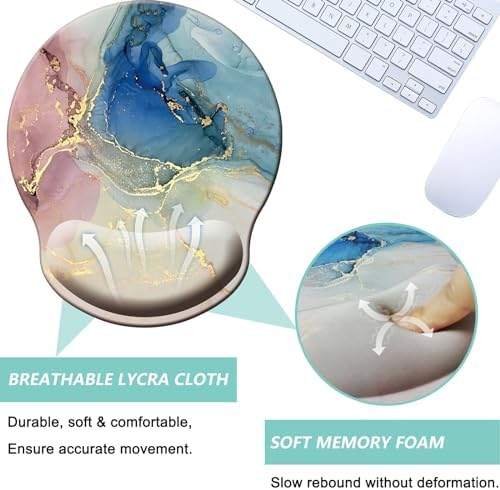 Mouse Pad with Wrist Support, Ergonomic Mouse Pad with Memory Foam Wrist Rest Cushion, Non-Slip Rubber Base Gaming Mice Pad for Home Office Computer Laptop, Colorful Marble