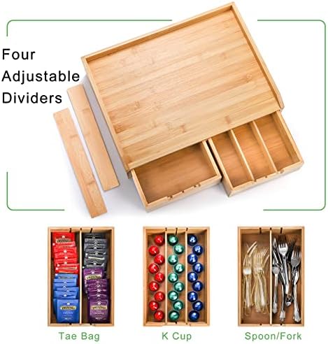 SOUJOY Bamboo 2 Drawer Coffee Pod Organizer with Side Box for K Cup Tea Bag