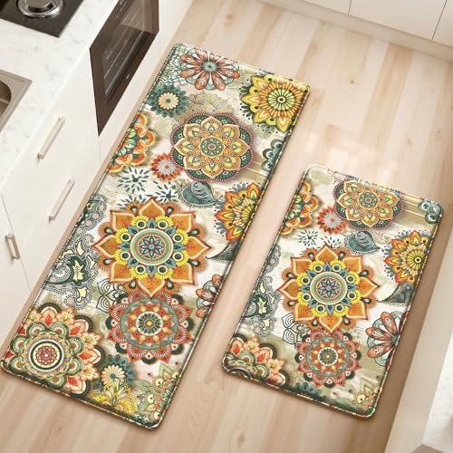 Boho Yellow Floral Kitchen Rugs Mats for Floor 2 Piece Memory Foam Padded Kitchen Mats Anti Fatigue Non Slip Cushioned Comfort Standing Mat, 17.3x28+17.3x47 Inch