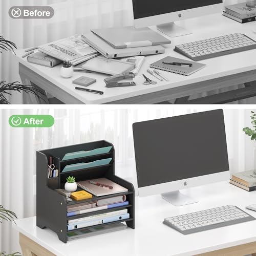 Bamboo File Organizer for Desk, Desktop Paper Tray and Mail Holder