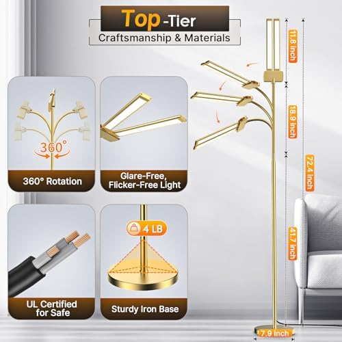 Syrinx LED Floor Lamp, 18W 2000LM Bright Reading Floor Lamp for Office, Gesture & Remote Control, Dual Head Gooseneck Standing Lamp, Dimmable Brightness & Color Temp, Floor Light for Living Room, Gold