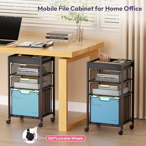 SWTYMIKI Rolling File Cart with Drawers - 4 Tier Under Desk Storage Craft Rolling Organizer Cart - Office Storage &Organization, Mobile Metal Filing Cabinet for Office and Home Black