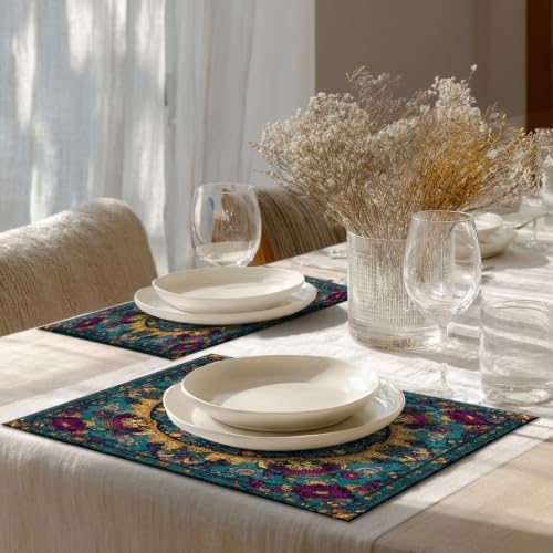 Shrahala Exotic Rich Color Placemats, Ornate Details Swirling Forms Table Mat Linen Burlap Washable Double-Deck Heat Insulation for Dining/Kitchen Table Set of 6 (12 X 18 Inch)
