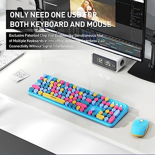 Colorful Wireless Keyboard Mouse Combo,Cute Round Keys,for PC Laptop,Blue