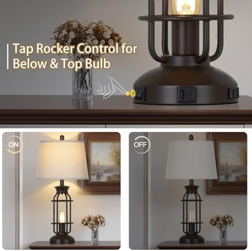 28" Tall Farmhouse Table lamps Set of 2, Vintage Industrial Table Lamp with USB C+A Ports & Outlet, Modern Rustic Bedside Lamp for Nightstand Living Room Bedroom Side Table Office Brown, 4 LED Bulbs