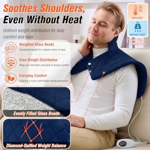 Blue Weighted Heating Pad for Neck and Shoulders and Back, Thanksgiving Gifts for Women, Birthday Gifts for Men Her, Shoulder Heating Pad for Neck with 9 Heat Options 4 Auto-Off Timer, Navy