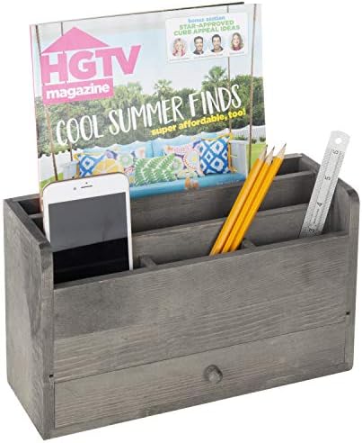 MyGift Rustic Gray Solid Wood Office Desk Supplies and Stationery Organizer, 5 Slot Wooden Desktop Mail Sorter, Document and Magazine Holder with Pull Out Drawer