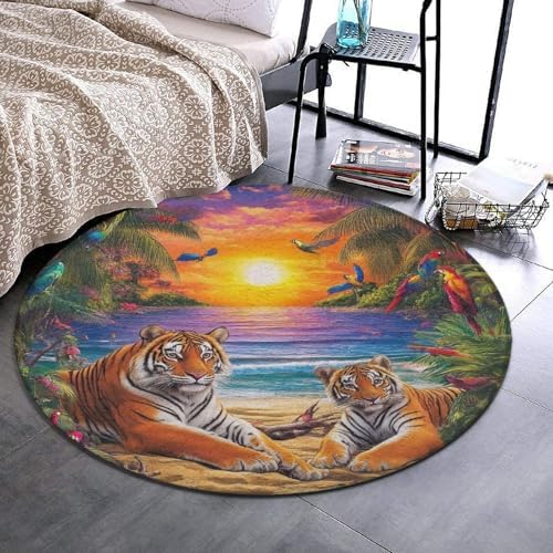 Home Decor Non Slip Kitchen Office Circle Rug, Machine Washable Modern Round Area Rug, Room Sofa Yoga Soft Round Carpet Tropical Tiger Animal World King Art, 60inch