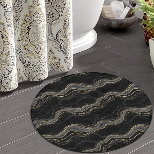 Soft Round Yoga Carpet, Large Home Decor Mat, Non Slip Machine Washable Kitchen Office Circle Rug Black Marble Gold Line, 60inch