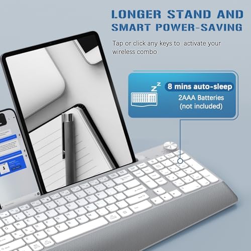 JOYACCESS Ergonomic Wireless Keyboard, 2.4GHz Cordless USB Full-Size Keyboard with Wrist Rest, Quiet Design & Numeric Keypad, Phone Holder for Desktop, Laptop, PC, Mac, Windows -Silver White