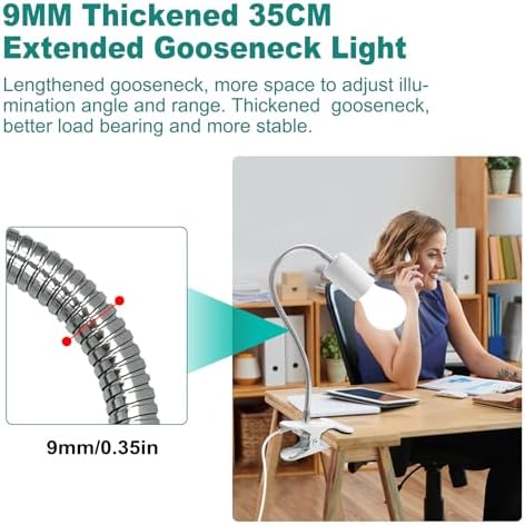 Desk Clip Lamp Holder, Clip on Light with Metal Clip Base,360° Flexible E26/E27 Book Clamp Light Fixture with 7.2 FT Cable, 9MM&350MM Thickened Lengthened Gooseneck Clamp Light Socket, for Study Work