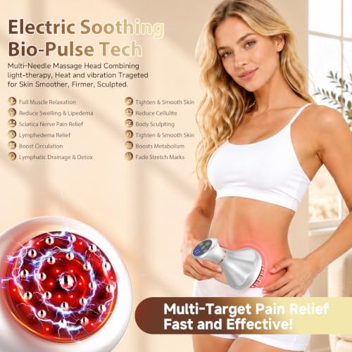 Lymphatic Drainage Massager & Anti-Cellulite Massage Tool, Body Sculpting Device for Legs, Arms, Stomach & Hips Promotes Smoother, Firmer-Looking Skin, with Gentle Warming & Soothing Vibration ,Silver
