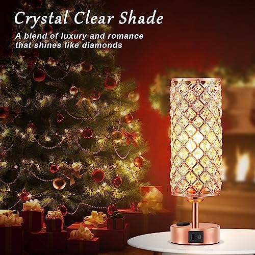 Hong-in Rose Gold Lamp Set of 2, 3-Way Crystal Table Lamp Touch Control with USB-C+A & AC Ports, Dimmable Nightstand Desk Light, Pink Bedside Table Lamp for Bedroom(Bulb Included & Set of 2)