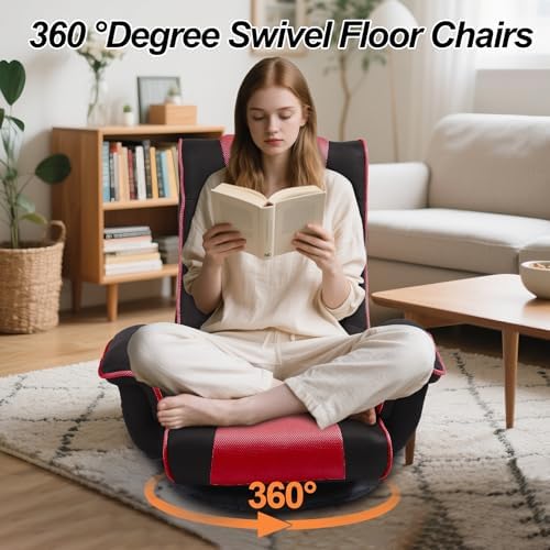 Swivel Floor Chair for Adults, 14-Position Adjustable Floor Gaming Chair with Back Support & Armrests, Foldable Lazy Sofa Lounge, Breathable Mesh for Gaming Reading Meditation (Black/Red)