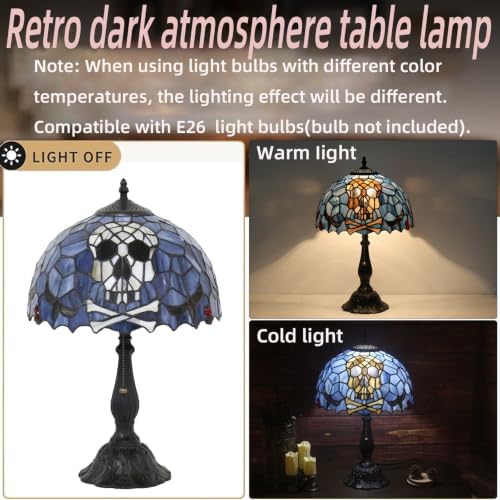 Tiffany Style Stained Glass Skull Lamp, Gothic Pirate Table Lamp, Halloween Home Decor Accent Light (Bulb Not Included, 12x12x19 in)