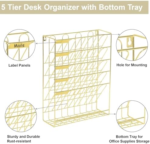 TQVAI Wall File Organizer, 5 Tier Hanging File Organizer with Bottom Tray, No Assembly Required Metal Wall Mount File Holder for Office Home Classroom, Gold