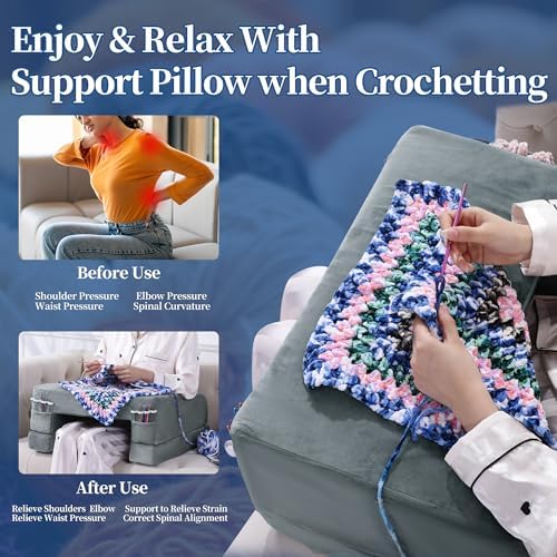 HOMBYS Adjustable Foam Crochet Pillow for Lap Support, Soft Velvet Reading & Gaming Pillow with Side Pocket and Elastic Band, Desk Cushion for Sofa, Bed & Floor, 2 Heights for Adjusting, (Grey)