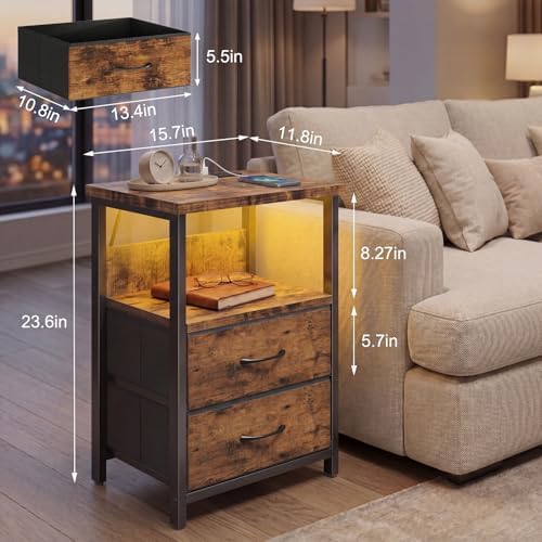 Fixwal Night Stand with Charging Station, Led Nightstand, 2 Fabric Drawers