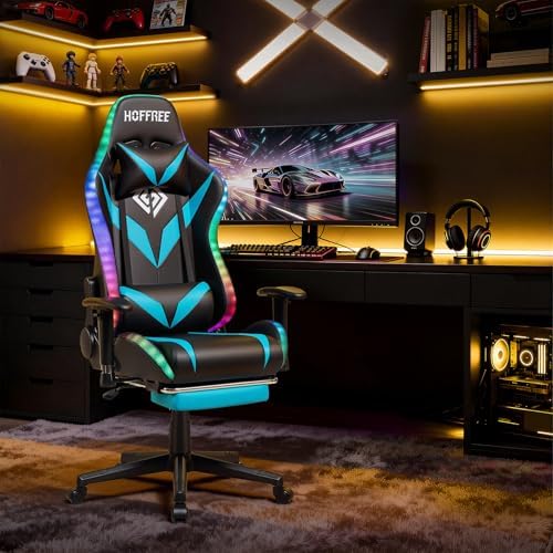 Led Gaming Chair with Speakers Massage 165° Reclining Computer Chairs-Blue