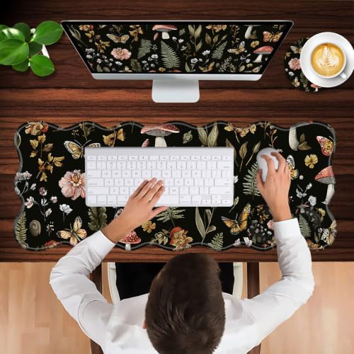 Mouse Pad with Wrist Support + Desk Mat + Coaster 3 in 1 Set, XL Large Gaming Mousepad Ergonomic Mouse Pads for Desk Computer Laptop Office,Magic Mushrooms