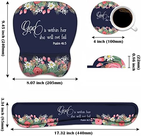 Ergonomic Mouse Pad Wrist Support and Keyboard Wrist Rest Set with Coasters, Non-Slip PU Base, Easy Typing & Pain Relief, Perfect for Home Office Working Studying, Floral Quote Bible Verse Psalm 46:5