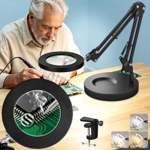 KIRKAS Magnifying Glass with Light and Stand, 12X 30X 9.06in Clamp & Base