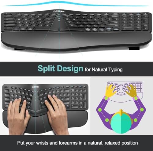 Arteck Ergonomic Keyboard with Cushioned Wrist Palm Rest, Multi-Device Wireless Bluetooth with USB-A USB-C Receiver Comfortable Ergonomic Split Keyboard, for Windows Computer Laptop PC Tablet