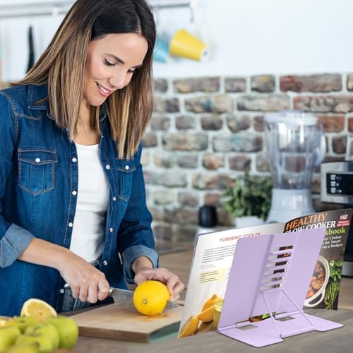 Honagu Book Stand Metal Desk Book Holder, Book Holders for Reading Hands Free, Adjustable Cookbook Documents Holder, Portable Bookstand for Music Books, Textbook, Recipe, Tablet, Ipad (Light Purple)