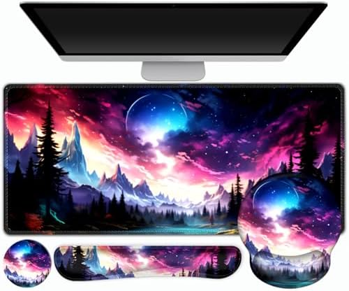 Gaming Mouse Pad, Large Desk Mat, Cute Desk Pad Protector, 4in1 XXL Mousepad + Keyboard Wrist Rest+Mouse Wrist Rest+Coaster Set with Ergonomic Desk Pad for Home Office Table Computer, Purple Hill