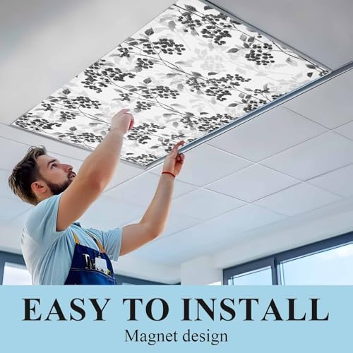 Black Grey Magnetic Fluorescent Light Covers for Ceiling Lights 2 x 4 Feet,Spring Modern Herb Flower Floral Plant Office Classroom Kitchen Drop Ceiling Light Covers Lighting Filters Shade Panel 1 Pack