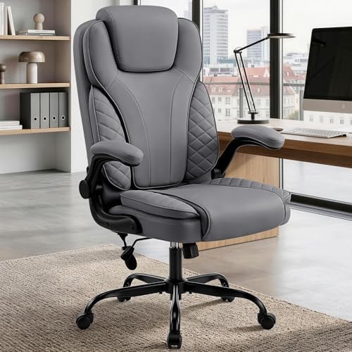 Ergonomic Office Chair, PU Leather High Back Executive Chair with Adjustable Inflatable Lumbar Support and Padded Flip-Up Arms, Recline Swivel Task Computer Chair for Home Office, Gray