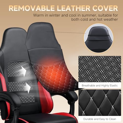 GTPLAYER Gaming Chair, High Back Leather Computer Gaming Chair with Footrest, Ergonomic Height Adjustable Office Chair with Removable Cover and Lumbar Support for Gaming & Work,RED